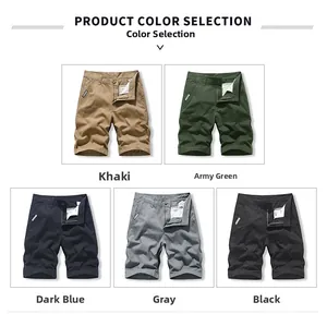 Selection of men's cotton cargo shorts in khaki, green, blue, gray, and black colors