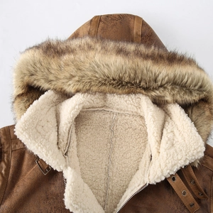 Close-up of winter fleece jacket showing faux shearling lining and faux fur trim hood