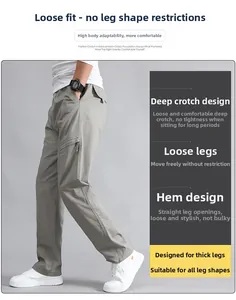Detail view of grey loose-fit cargo pants for men with multi-pocket design and straight leg cut