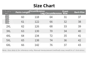 Tabla de tallas detallada para pantalones cortos de hombre, medidas de talla L a 6XL