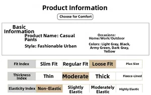 Size chart and specifications for men's loose cargo pants showing colors and fabric details