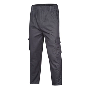 Men's casual cotton cargo pants in dark grey with elastic waist and side flap pockets