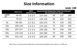 Detailed size chart for men's cargo pants showing measurements from size M to 5XL
