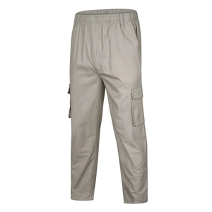 Men's casual cotton cargo pants in beige featuring elastic waist and large side flap pockets