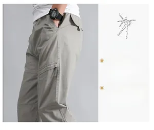 Detail of grey cargo pants showing functional side pockets and elastic drawstring waist