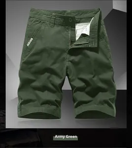 Detail view of army green cargo shorts featuring zip fly with button and woven FOR MEN label