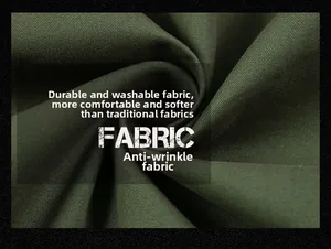 Detailed macro view of army green twill fabric with wrinkle-resistant texture