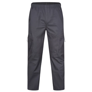 Detail of dark grey cargo pants featuring elastic waist, belt loops and large side pockets