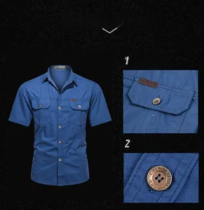 Detail of navy short sleeve shirt with symmetric chest pockets and metal buttons