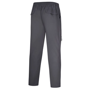 Detail of dark grey cargo pants featuring elastic waist and functional back flap pockets