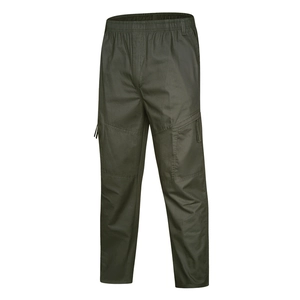 Detail of army green cargo pants featuring large side pockets and elastic waist on mannequin