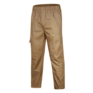 Detail view of khaki tactical cargo pants featuring elastic waist and reinforced knee stitching