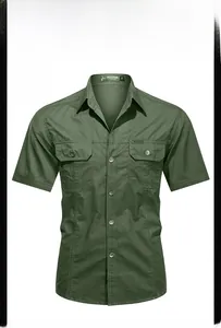 Close-up of military green short-sleeve cargo shirt with double chest pockets
