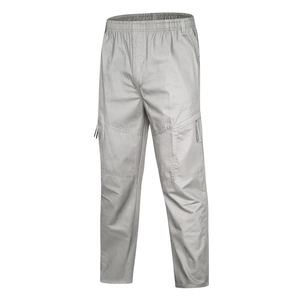 Detailed view of elastic waist and reinforced knee panels on grey tactical cargo pants