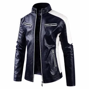 Men's Retro PU Leather Motorcycle Jacket Stand Collar Fleece Lined Warm Winter Windproof Color Block Zip Up Top Outerwear