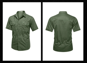 Front and back view of a men's army green short-sleeved utility shirt with chest pockets