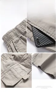 Detail view of khaki cotton cargo pants featuring elastic waistband and reinforced stitching