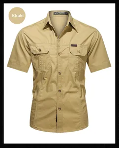 Close-up of khaki short-sleeve shirt fabric texture with outdoor label and chest pocket