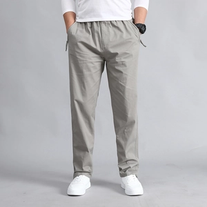 Men's Casual Pure Cotton Cargo Pants Loose Straight Leg Elastic Waist Drawstring Utility Multi-Pocket Long Trousers