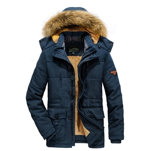 Men's navy winter parka with plush yellow lining and faux fur hood trim