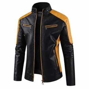 Men's slim fit PU leather jacket in black and yellow with warm fleece lining and stand collar