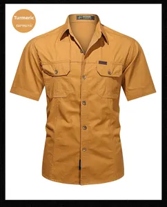 Detail of turmeric outdoor shirt featuring chest utility pockets and contrast stitching