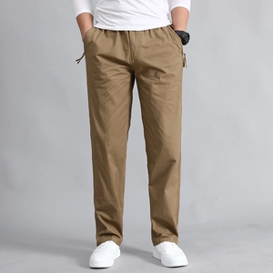 Men's khaki cotton cargo pants featuring elastic waist and decorative side drawstrings