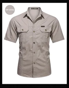 Detail of rice white outdoor short sleeve shirt with flap pockets and buttons