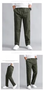 Detailed views of army green multi-pocket cargo pants with zipper details and elastic waist