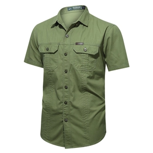 Detail view of military green short sleeve shirt with double chest pockets and outdoor logo