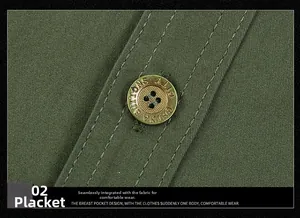 Macro detail of olive green shirt placket with premium gold metal city buttons