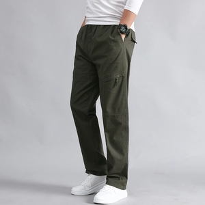 Men's military green cargo pants with multi-pocket design and slim straight cut fit