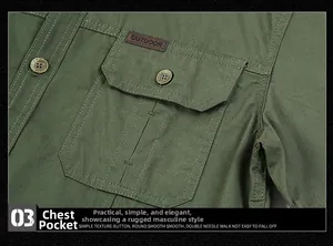 Detail of army green cargo shirt showing chest pocket with leather OUTDOOR patch