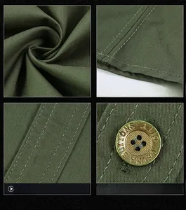 Detailed macro view of army green shirt fabric showing double stitching and metal buttons
