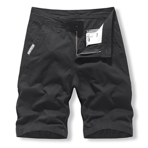 Men's casual black cotton cargo shorts with a button waist and FOR-MEN woven label