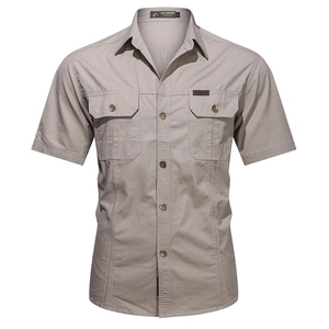 Men's Outdoor Tactical Work Shirt Cotton Short Sleeve Turn-Down Collar Double Pocket Solid Color Casual Utility Hiking Camping Top