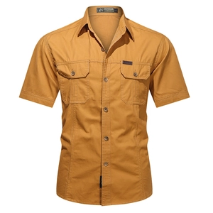 Short sleeve mustard yellow outdoor work shirt with turn-down collar and dual chest pockets