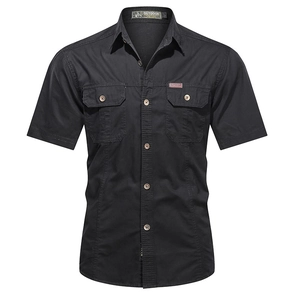 Men's casual black short sleeve cargo shirt with dual chest pockets and metal buttons