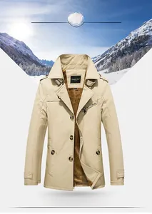 Detail view of khaki men's jacket showing the warm brown fleece lining and slim fit design