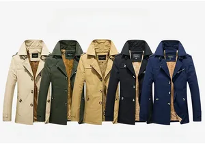 Men's winter trench coat displayed in five colors with warm fleece lining detail