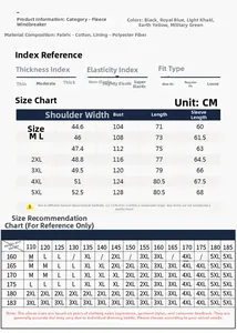 Detailed size chart for men fleece-lined cotton jacket windbreaker from M to 5XL