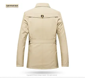 Back view of light khaki men's long casual windbreaker with shoulder straps and waist detail