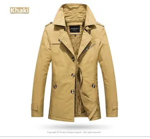 Detail view of khaki trench coat with soft fleece lining and metallic zip pocket