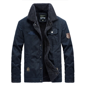 Giacca invernale da uomo in cotone blu scuro con fodera in sherpa, colletto caldo e ricamo