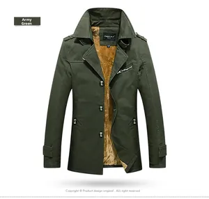 Detail of army green canvas jacket featuring thick brown fleece lining and button closure