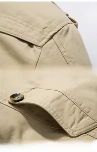 Macro shot showing reinforced stitching and large side pocket with button detail on khaki coat