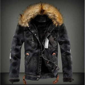 Giacca di Jeans Invernale da Uomo con Fodera in Pile Collo in Pelliccia Caldo Cotone Lavato per Outdoor Casual