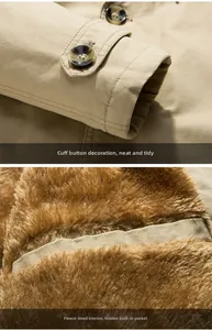 Detail of khaki jacket with button cuffs, twill fabric, and warm fleece lining with pocket