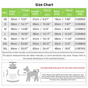 Size chart for pet soccer jersey showing chest and neck measurements from XS to 3XL