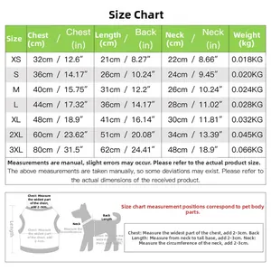 Detailed size chart for dog jerseys with measurements for chest, back length, and neck